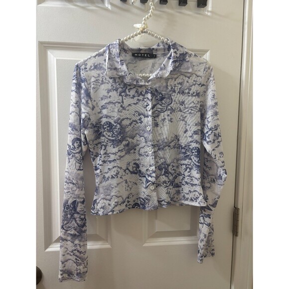 MOTEL KELLY SHIRT 20'S CHERUB WHITE BLUE long sleeve CROP top blouse S - Picture 2 of 11